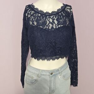 Sequin Hearts Navy Lace Crop Top